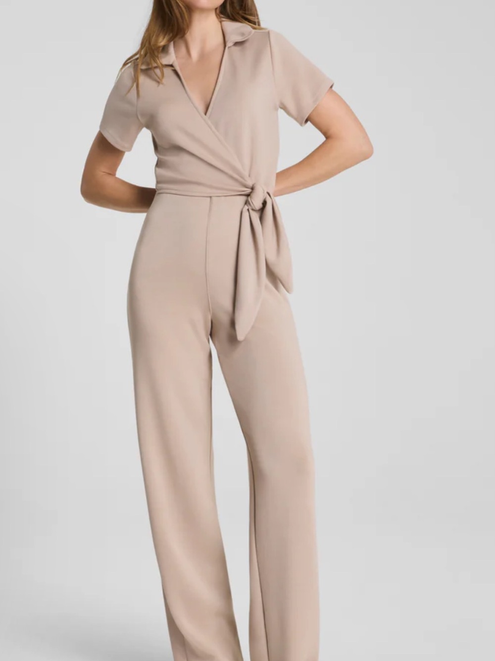 NWT Spanx Air Essentials Tie-Waist Short Sleeve Jumpsuit in Taupe Small
